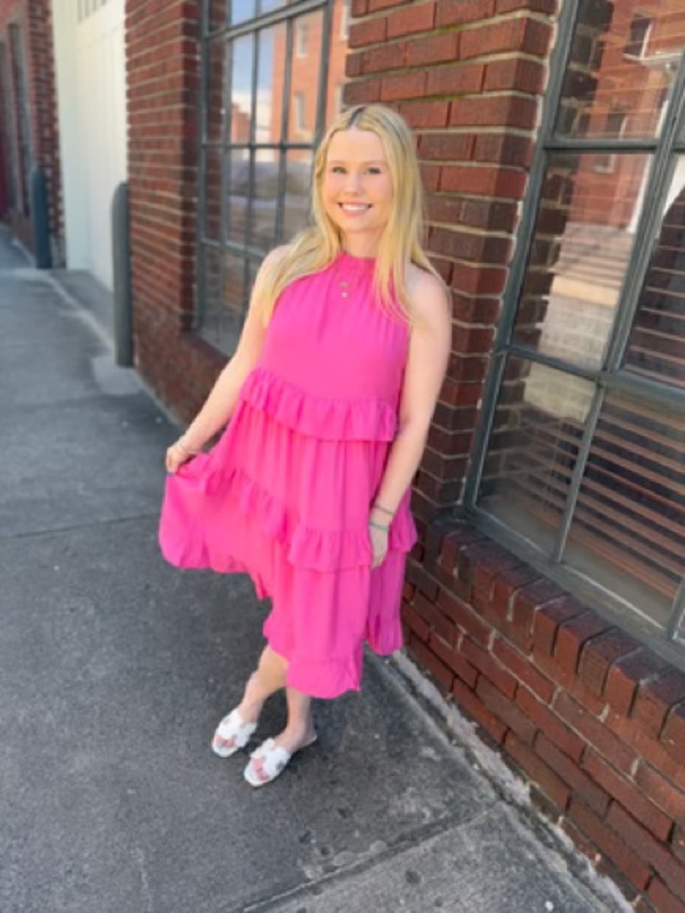 Oddy hot pink tiered ruffle midi dress